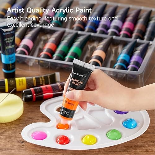 Shuttle Art 48 Pack Acrylic Paint Set, 30 Colors Acrylic Paint (36ml) with 10 Brushes 5 Canvas 1 Paint Knife 1 Palette 1 Sponge, Complete Set for Kids, Adults Painting on Canvas Rocks Wood Ceramic thumbnail 2