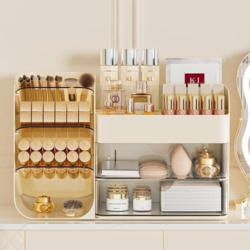 Makeup Organizer with Brush Holder for Vanity,Countertop Makeup Organizer with Drawers,Spacious Cosmetic Display Case,Perfect Storage Solution for Your Beauty Essential (Cream, Large) thumbnail 3