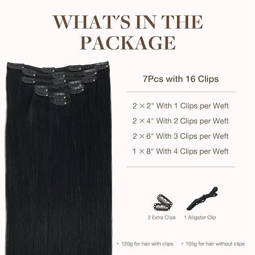 GOO GOO Clip in Hair Extensions Real Human Hair, Remy Human Hair Extensions Clip ins for Women, Natural Human Hair, 24inch 120g 7Pcs, 1 Jet black thumbnail 2