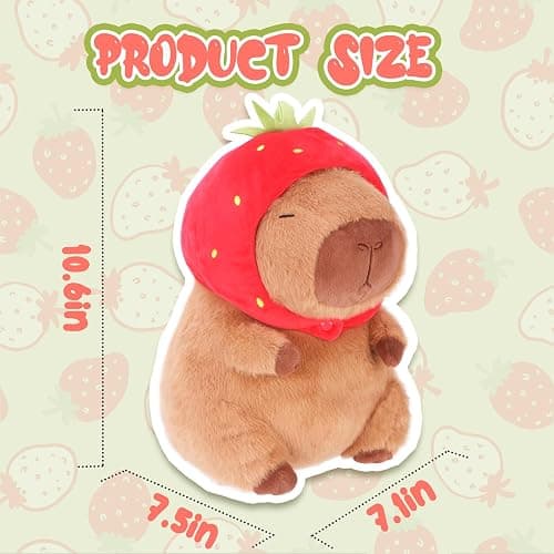 RichRabbit Cute Capybara Plush Capibara Stuffed Animal Plushies Toys Hugging Gifts for Kids Brown Plush Wear Strawberry Hat Soft 9 inch thumbnail 3