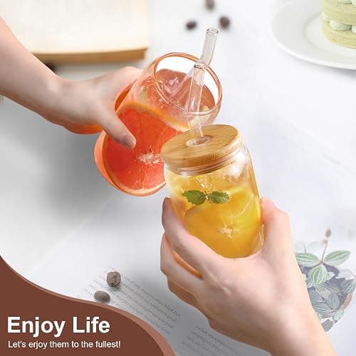 DWTS DANWEITESI Iced Coffee Cups with Lids 2 pcs,16 oz Glass Cups with Lids and Straws as Coffee Bar Accessories,Beer Drinking Glasses,Reusable Glass Tumbler,Cute Coffee Cups for Coffee, Juice, Gifts thumbnail 2