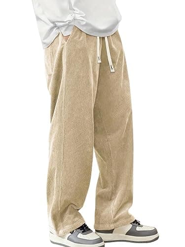 Hidkat Mens Corduroy Casual Pants Fashion Loose Fit Wide Leg Pants Straight Sweatpants Elastic Waist Drawstring thumbnail 4