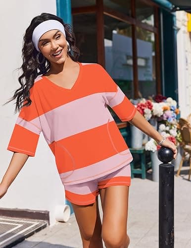 Ekouaer Two Piece Sets for Women Summer Lounge Sets 2026 Striped Shirts and Shorts Set Oversized Matching Outfit thumbnail 6