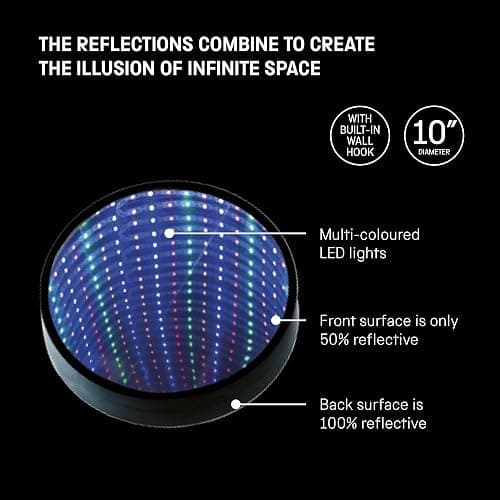 Funtime Gifts Science Museum 10" Infinity Mirror - Create the Illusion of Infinite Space, Built in Wall Hook, Multicoloured LED Lights thumbnail 5