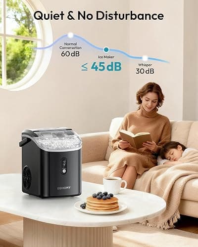 EUHOMY Nugget Ice Maker Countertop with Handle, Ready in 6 Mins, 34lbs Per Day, Removable Top Cover, Auto-Cleaning, Portable Sonic Ice Maker with Basket and Scoop, for Home/Party/RV/Camping (Black) thumbnail 8