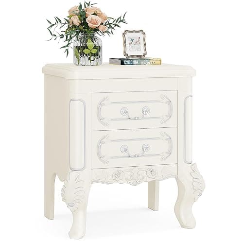 Tribesigns White Nightstand, End Table with 2 Drawers, Carved Bedside Tables, Side Table for Bedroom, Classic Bedroom Furniture, Night Stand White thumbnail 8