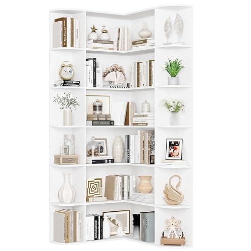 FOTOSOK 74” Tall Corner Bookshelf, 6-Tier Bookshelf and Bookcase with Open Storage, L Shaped Tall Bookcases Wooden Storage Shelves for Home Office, Thickened Boards for Better Load Bearing, White thumbnail 7