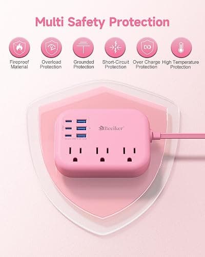 6 USB(3 USB C) Pink Power Strip- 5Ft Extension Cord with 6 USB Charging Station 24W/4.8A and 3 Outlets, Desk Accessories for Cruise Travel Pink Cute Kawaii College Dorm Desk Home Essentials thumbnail 6
