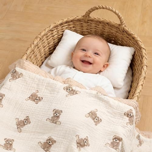 100% Organic Cotton Muslin Baby Blanket Flounce Edge Large 50"x43" Teddy Bear, Soft Breathable Toddler Quilt Crib Blankets Gender Neutral for Baby Boys and Girls Bassinet, Bed, Stroller & Snuggling thumbnail 4