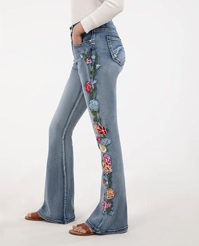 Women's Embroidered Bell Bottom Jeans Stretch Flared Fit Wide Leg Denim Pants thumbnail 6