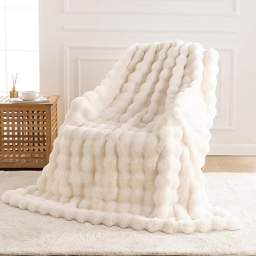 IKALIFE Cozy Faux Fur Throw Blanket for Couch-Warm Fuzzy Throw Blanket, Soft Plush Thick Bubble Blankets for Bedroom and Living Room, Furry Luxury Blanket, 50 x 60, Cream thumbnail 7