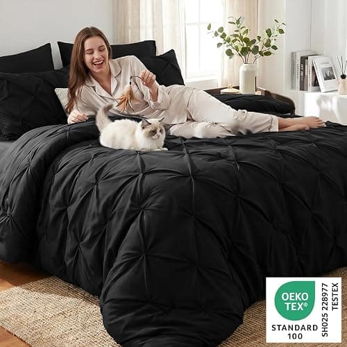 CozyLux Queen Comforter Set Black, 7 Pieces Pintuck Bed in A Bag, All Season Comforter Queen Size, Bed Set Gift for Family, Pinch Pleat Bedding Sets with Comforter, Sheets, Pillowcases & Shams thumbnail 3