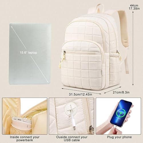 kadilong Laptop Backpack for Women College Travel,Quilted Daypack Bookbag for School Teen Girls Mochilas Mujer,Beige thumbnail 6