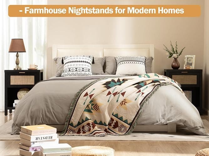 SICOTAS Rattan Night Stands Set of 2, Farmhouse Nightstand Bedside Table with Drawer and Storage Shelf, Boho End Side Table for Bedroom, Small Space, Black Oak thumbnail 7