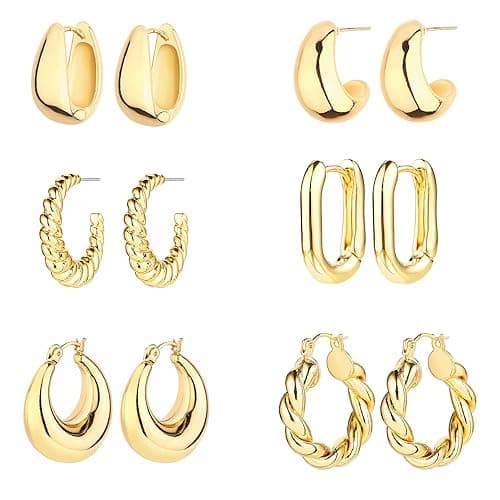 6 Pairs 14K Gold Plated Hoop Earrings for Women Lightweight Chunky Hoop Earrings Multipack Hypoallergenic, Thick Open Twisted Huggie Hoops Earring Set Jewelry for Gifts. - Image 1