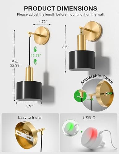 NIORSUN Battery Operated Wall Sconce Set of 2, Gold & Black Wireless Rechargeable Wall Lights with 5200mAh Dimmable Detachable Bulbs and Remote, 9 Colors Sconces Wall Decor for Bedroom Living Room thumbnail 8