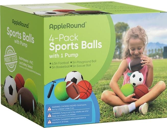 AppleRound 4-Pack Sports Balls for Toddlers & Kids with Pump – 5-Inch Soccer Ball, Basketball, Playground Ball & 6.5-Inch Football – Soft Small Balls for Indoor/Outdoor Play (Ages 2-7) thumbnail 3