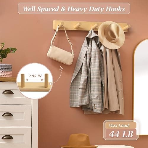 HOMEBROS Coat Rack Wall Mount, Wooden Coat Hanger with 5 Hooks, Heavy Duty, Natural, 1 Pcs thumbnail 5