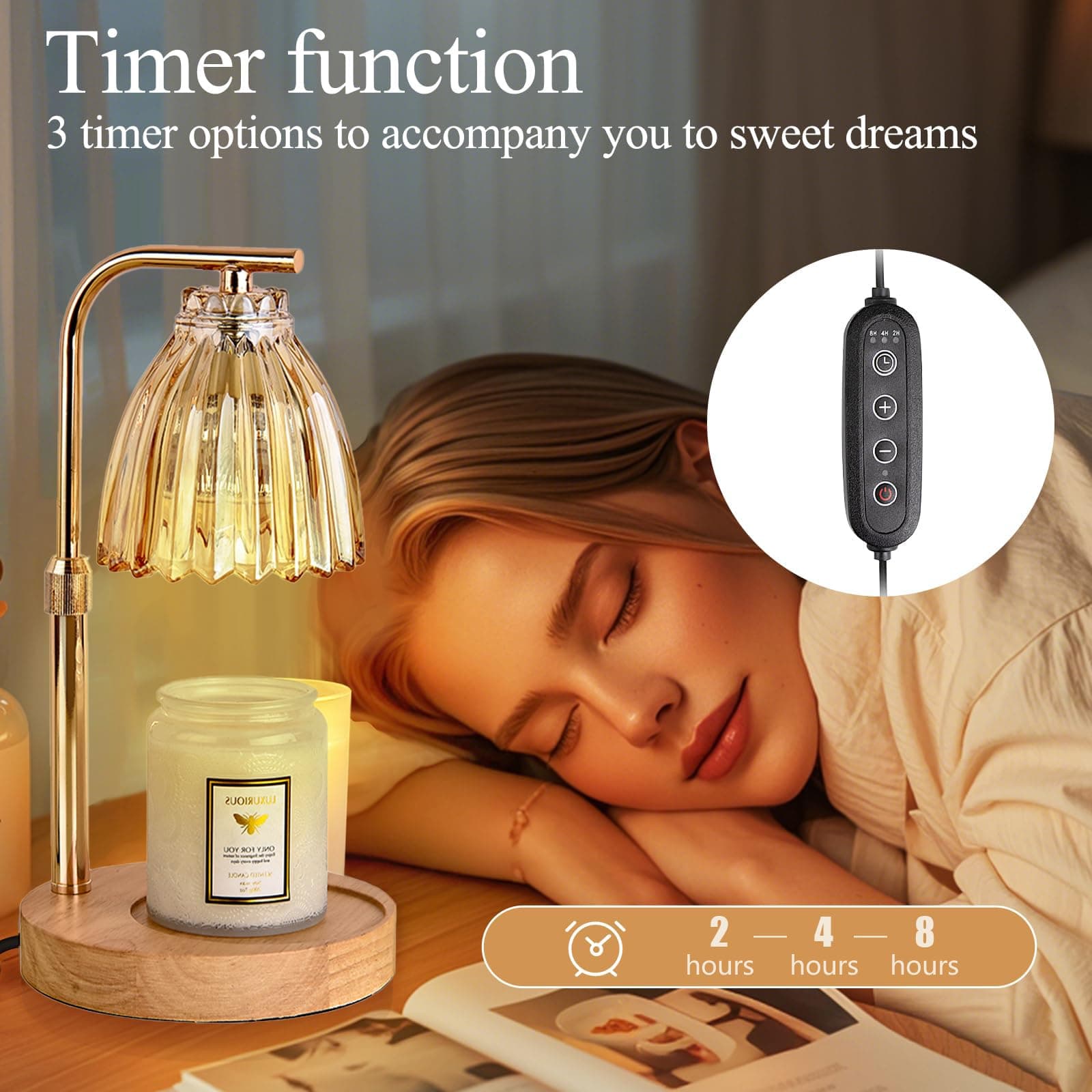 WNTOZ Lampara para Velas aromaticas con 2 Bombillas,Lampara Calentadora de Velas con Temporizador y regulador,Calentador de Altura Ajustable para Mujeres, Hombres y Maestros - Rayado thumbnail 4