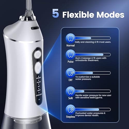Water Flosser for Teeth Cleaning and Flossing, 5 Modes Rechargeable Cordless Oral Irrigator 320ml Water Tank Teeth Cleaner, IPX7 Waterproof Portable Electric Dentel Flossers for Home and Travel,White thumbnail 3