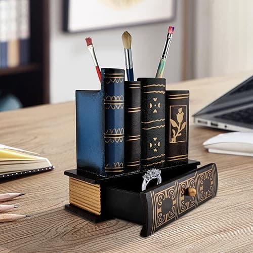 Trendy Boy Vintage Book Pen Holder Retro Pen Desk Organizer with Drawer Wooden Fake Book Shaped Pencil Cup for Home Office Study Library (116) thumbnail 7