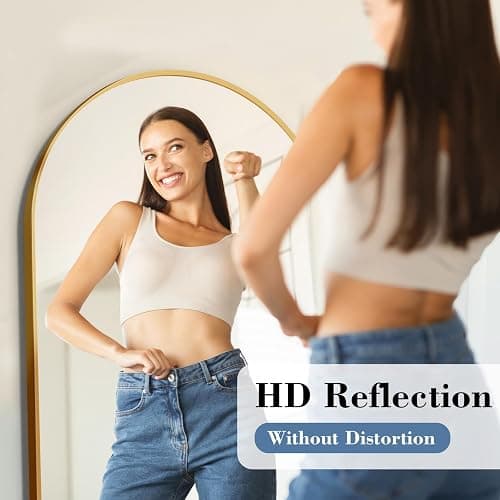 DUMOS Arched Full Length Mirror with Stand Floor Standing Aluminum Frame for Bedroom Body Hanging Leaning Modern Simple Home Decor Shatter-Proorf Nano Glass Wall Living Room Cloakroom Gold 56"x15" thumbnail 3