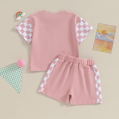 Sejardin Toddler Baby Girl Clothes Summer Outfit Plaid Patchwork Short Sleeve T Shirt Tops and Stretch Casual Shorts Set thumbnail 3