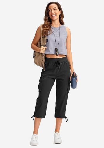 Soothfeel Women's Cargo Capris Pants with 6 Pockets Lightweight Quick Dry | UPF 50+, Elastic Waist, Summer Pants for Hiking, Travel, Camping, Outdoor, Athletic, Casual thumbnail 6