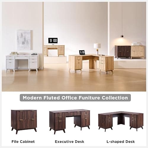 T4TREAM Fluted Executive Desk with Drawers, 60" Modern Home Office Computer Desk with Charging Station, File Cabinet, Keyboard Tray and Storage Cabinet for Study, Living Room, Bedroom, Dark Walnut thumbnail 8