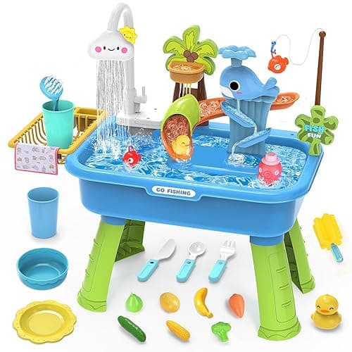 Water Table for Toddlers 1-3 with Electric Water Pump, Sand and Water Table for Kids Ages 4-8 Play Sink with Running Water & Electric Faucet, Role Play Sensory Toys 21.26''L x 11.42''W x 20.87''H