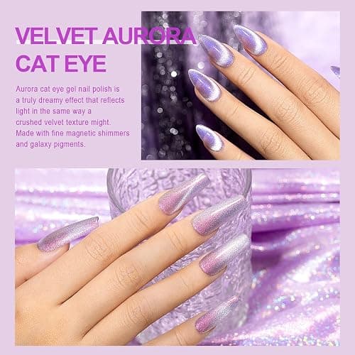 RARJSM Aurora Cat Eye Gel Nail Polish Set 6 Colors Velvet Silver Glitter Purple Pink Green Champagne Galaxy Star Cloud Ice Gel Polish with Magnet Stick UV LED Curing Requires Soak Off Home Salon thumbnail 4