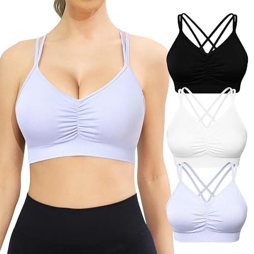 VEQKING Ruched Sports Bras for Women Large Bust, Seamless Padded Strappy Medium Support Yoga Bra, 3 Pack - Image 1