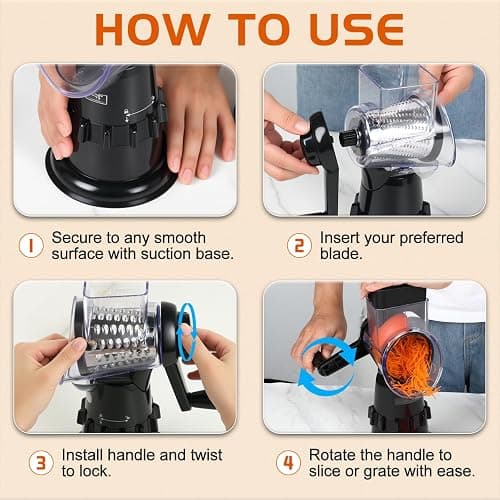 Rotary Cheese Grater Hand Crank, Vegetable Slicer with 3 Blades, Stable Suction, Labor-Saving Handle, Cheese Shredder for Potato Vegetables Nuts Chocolate, Black thumbnail 7