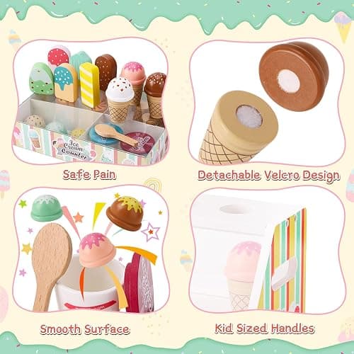 Wooden Ice Cream Toys for Kids Pretend Play Kitchen Food Toys with Scoop & Menu & Fake Money, Ice Cream Counter Shop Playset for 3 4 5 6 Year Old Girls Boys Birthday Gifts thumbnail 4