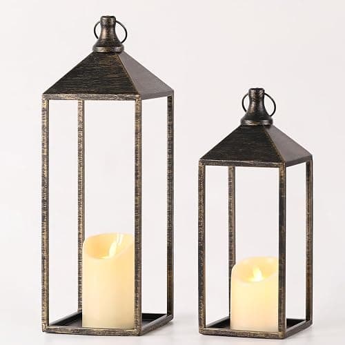 17" 13" Vintage Farmhouse Decorative Lanterns Indoor Outdoor with Candles | Set of 2 Lanterns Decorative Outdoor Indoor for Covered Porch Patio Fireplace Mantel, Floor, Fall, Festival, No Glass - Image 1
