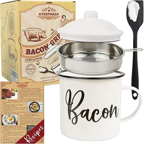 Bacon Grease Container with Strainer - With Food-Grade Silicone Spatula , 46oz Large Enamel Rustic Farmhouse Fat Container , Keeper , Recipes , Dishwasher Safe - Image 1