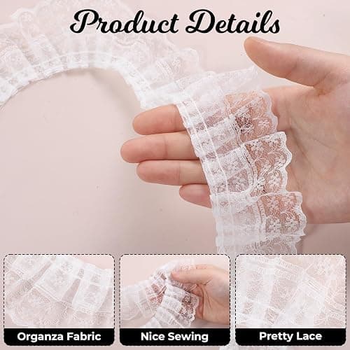 White Lace Ribbon, 2-Layer Pleated Edge White Lace Ruffle Trim for Crafts Sewing DIY, 1.8" x 5.5yd thumbnail 4