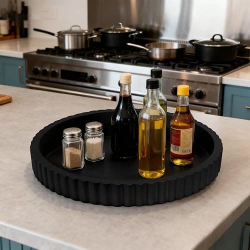 Decorative Tray for Coffee Table, 12'' Resin Round Tray for Home Decor | Elegant Coffee Table Centerpiece, Black Fluted Edge, Serving Vanity Tray for Home Bathroom Kitchen Living Room Decor thumbnail 4