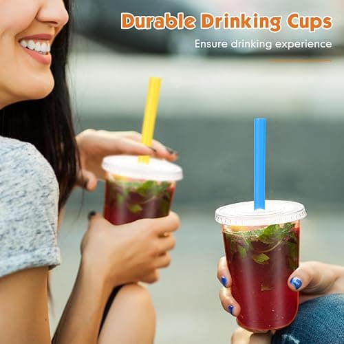 Ziliny 50 Sets Clear Cups with Flat Lids and Jumbo Smoothie Straws Disposable Plastic Drinking Cups for Smoothies, Milkshakes, Milk Tea, Cold Drinks(16 oz) - 16 oz thumbnail 6