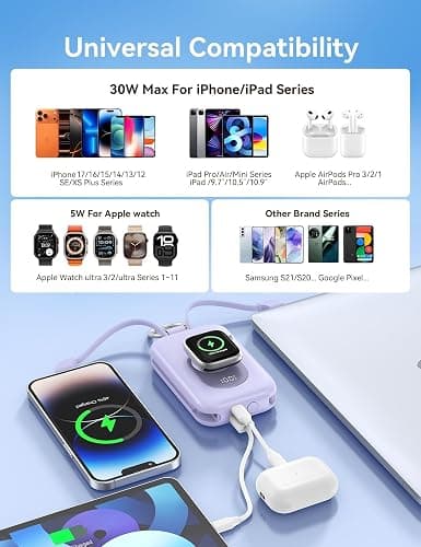 RORRY Portable Charger, 20000mAh PD 30W Portable Charger Power Bank with 2 Built-in Cables, Super Fast Charging Battery Pack with Keychain, Travel Essentials for iPhone, Apple Watch, iPad, Mulberry thumbnail 5