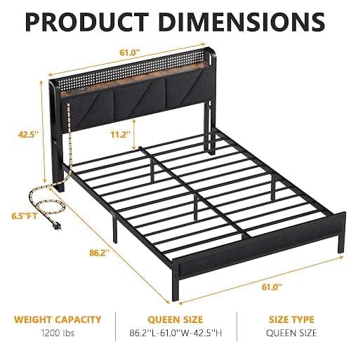 Furnulem Queen Bed Frame with Headboard and Storage Shelf, LED Light and Charging Station, Metal Platform Bed with Heavy Duty Slats, No Box Spring Needed, Noise Free & Easy Assembly thumbnail 2