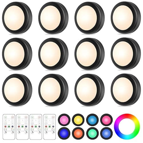 Yiliaw 12 Pack LED Puck Lights Remote Control 16 Color Changeable Under Cabinet Lights, Battery Operated Lights Night Light with Dimmer & Timmer for Closet Bedroom Kitchen, Black - Image 1