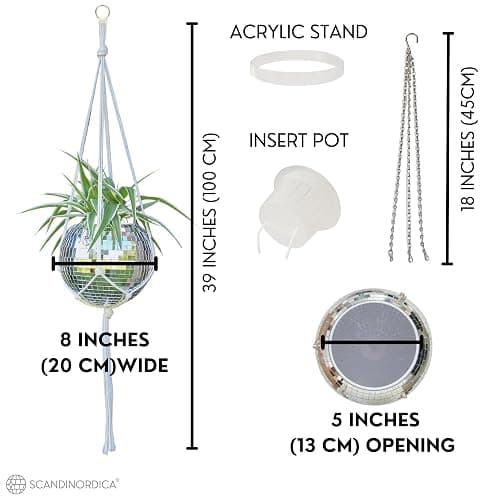 SCANDINORDICA Disco Ball Planter – Value Package: Disco Planter with Chain, Macrame Hanger and Acrylic Stand, Includes Self Watering Insert, Preppy Room Decor, Funky Decor | 8 inch Silver thumbnail 3