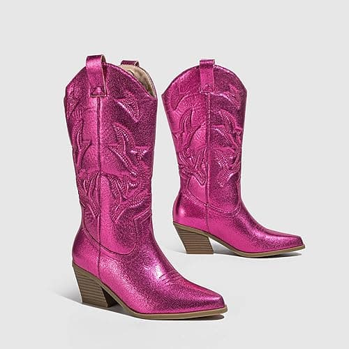 Women's Metallic Cowboy Boots, Embroidery Sparkly Chunky Heel, Western Wide Calf Shoes thumbnail 6