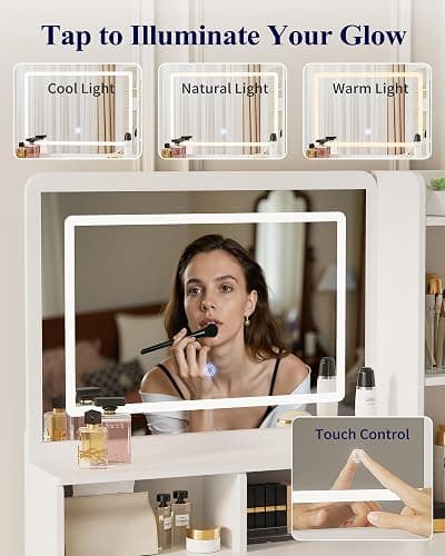 Kitsure Vanity Desk with Mirror and Lights - Large Capacity Makeup Vanity with 4 Fabric Storage Drawers & 3 Lighting Modes, Vanity Table Set with Sturdy Metal Frame for Bedroom, White, 35" x 17" x 52" thumbnail 4