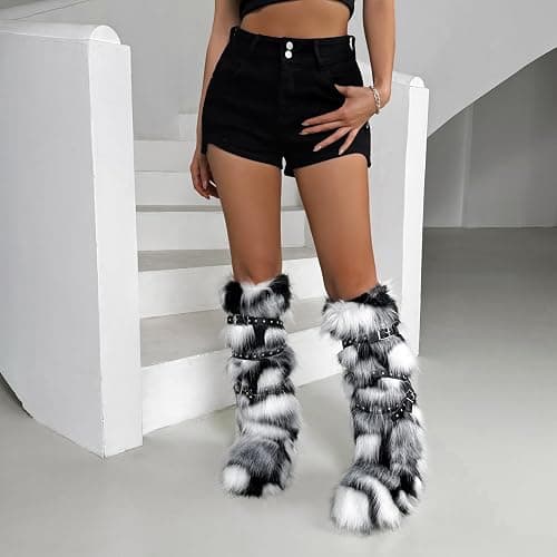 WOVOIE Knee High Fur Boots for Women Faux Fur Boots, Fluffy Round Toe, Winter Cosy Plush Warm Outdoor Snow Boots thumbnail 7