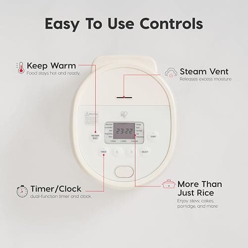 IRIS USA Micom Japanese Rice Cooker, 3-Cup Uncooked/6-Cup Cooked, Fuzzy Logic Kitchen Appliance with Recipe Presets, Slow Cooker, Steamer, Hot Pot & Warming Function, Compact & Portable for Healthy Meal Prep thumbnail 3