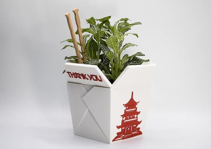Plant Pot for Indoor Plants, Chinese Take Out Box White Whit Two Chopsticks (Free) 3D Printed -Plastic -Unique Planter for Indoor with Drainage Hole- Made in USA (White) thumbnail 3