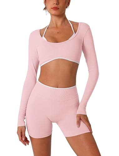 ABOCIW Workout Sets for Women 2 Piece Seamless Color Block Long Sleeve Crop Top Scrunch Butt High Waist Shorts Gym Set - Image 1