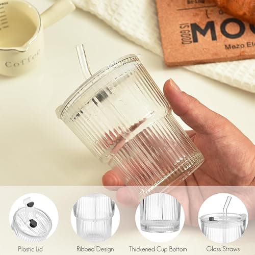 Haundry 14 oz Ribbed Glass cups with Lids and Straws, 2 Pack Iced Coffee Cups, Thickened Glassware Set, Ripple Design Glass Cups for Coffee, Soda, Smoothies, Cocktails and Juice thumbnail 5